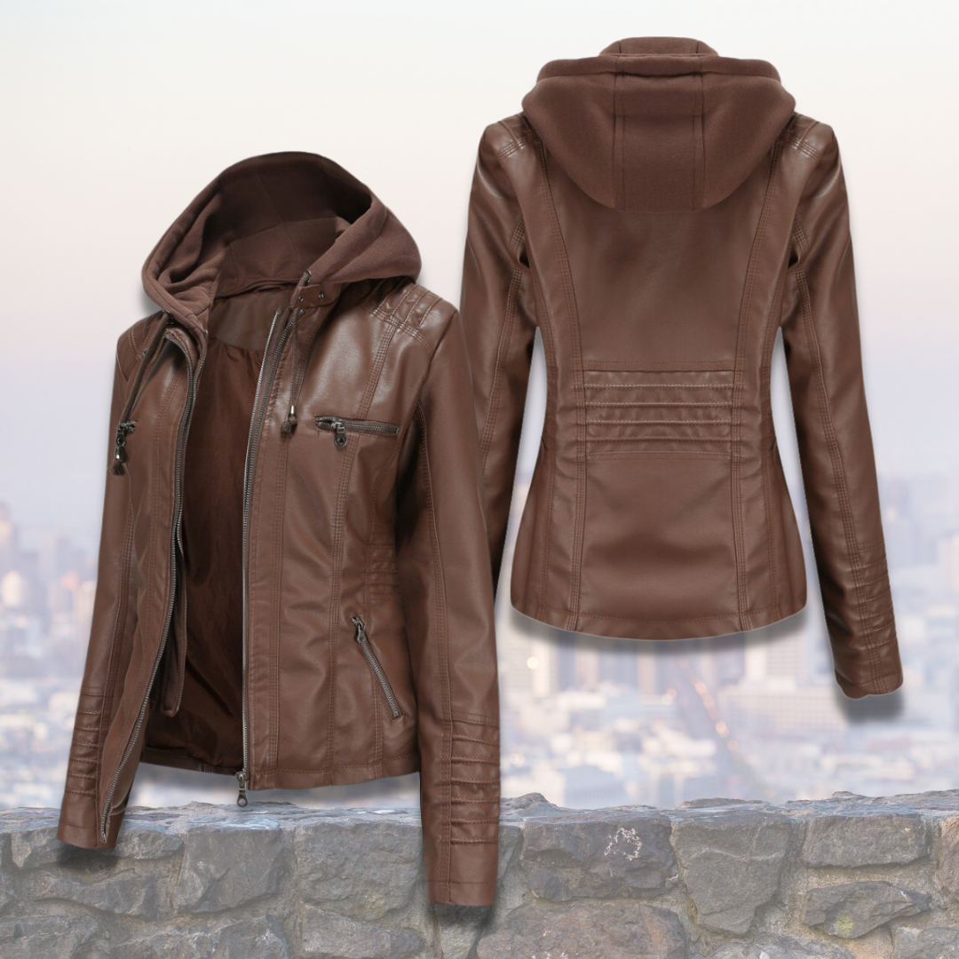 Giacca in pelle da donna Xyla - Elegante con cappuccio, chiusura con zip e pratiche tasche