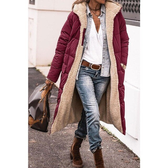 Rosalie Manteau Femme Hiver – Long Manteau Polaire Réversible avec Capuche Chaude et Chic