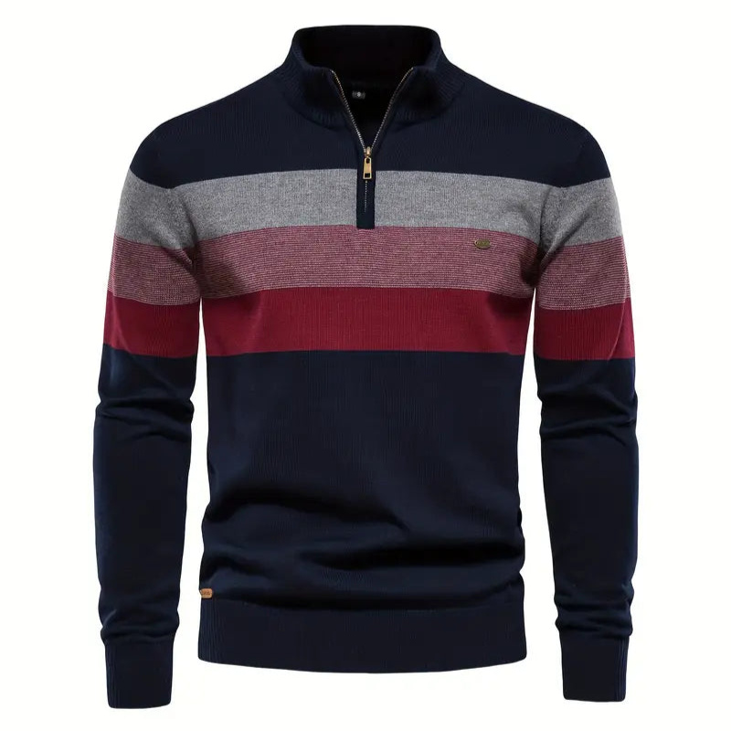 Liam Pull Homme à Rayures – Col Montant Zippé, Chaud & Confortable en Laine Polyester
