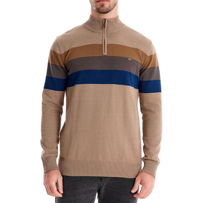Liam Pull Homme à Rayures – Col Montant Zippé, Chaud & Confortable en Laine Polyester