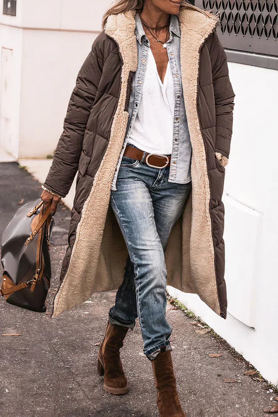 Camila Manteau Long Matelassé pour Femme – Capuche en fausse fourrure et fermeture zippée intégrale