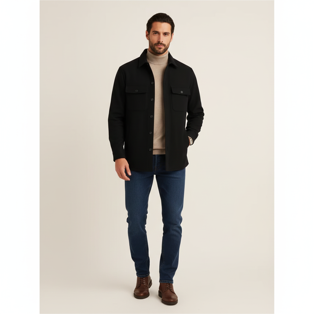 Noir Élan Overshirt Homme – Veste Chemise Casual Chic en Coton Mélangé Coupe Regular