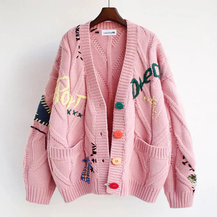 Ella Gilet Patchwork Femme – Cardigan Tricoté Tendance avec Détails Colorés & Confort