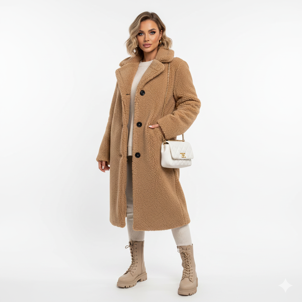 Ellen Manteau Teddy Long Femme – Veste Chaude Beige à Coupe Élégante & Confort Doux