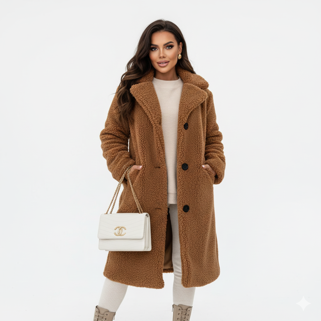 Ellen Manteau Teddy Long Femme – Veste Chaude Beige à Coupe Élégante & Confort Doux