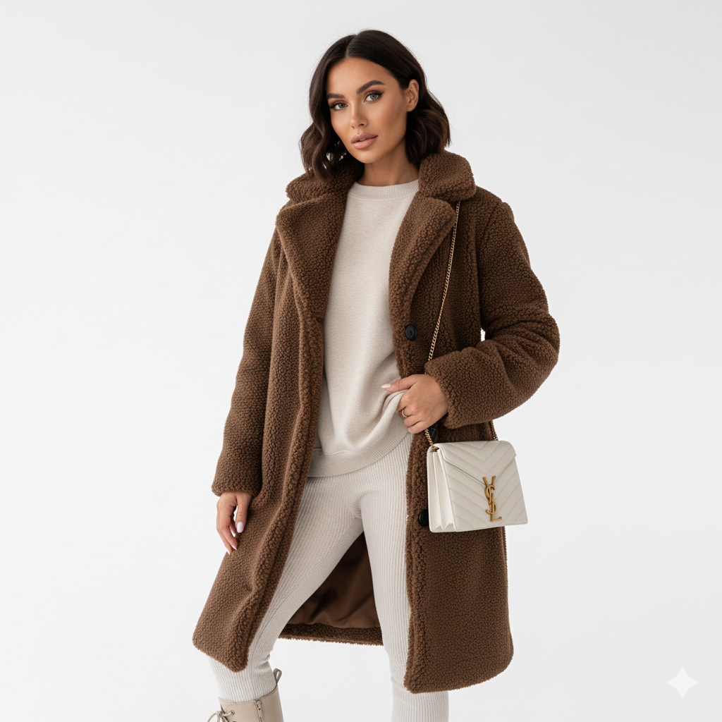 Ellen Manteau Teddy Long Femme – Veste Chaude Beige à Coupe Élégante & Confort Doux