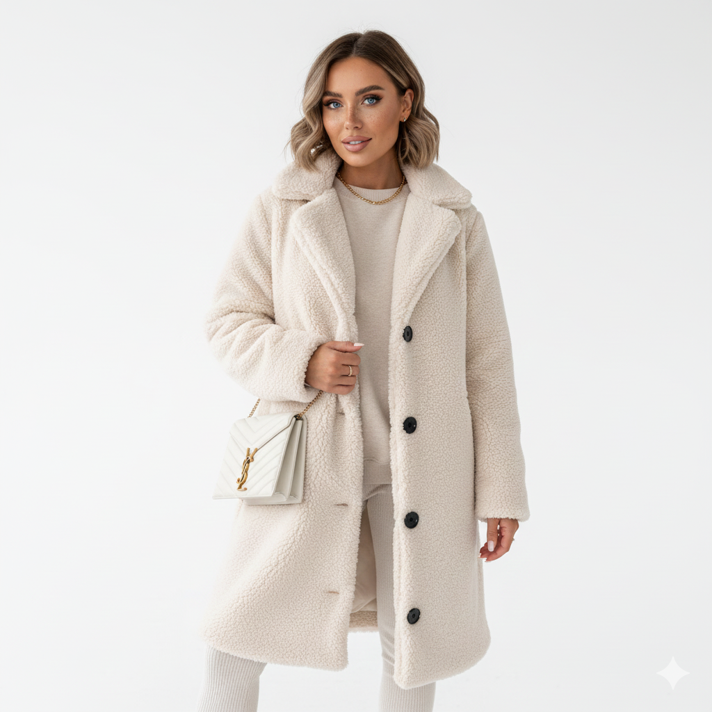 Ellen Manteau Teddy Long Femme – Veste Chaude Beige à Coupe Élégante & Confort Doux