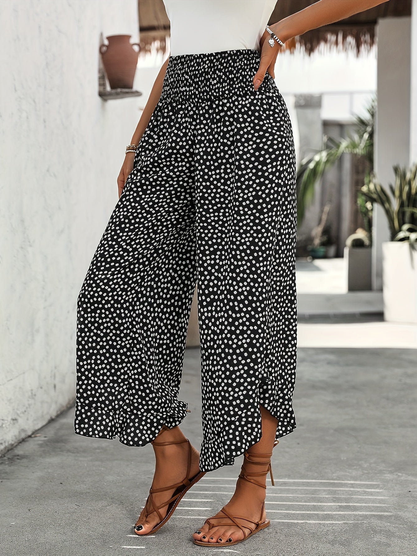 Pantaloni da donna Floravia - Pantaloni a vita alta con stampa floreale, eleganti e comodi
