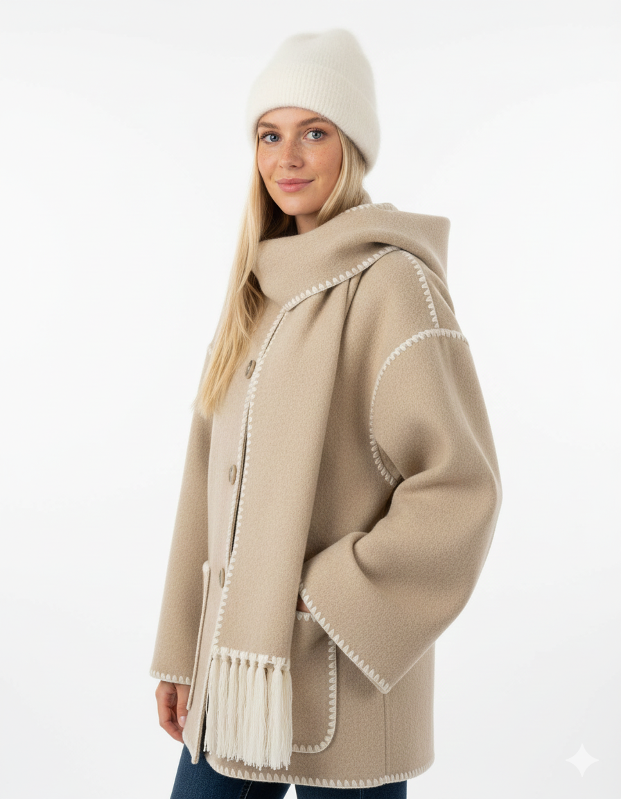 Georgie Women's Coat with Integrated Scarf – Elegant Draped Jacket in Warm Fabric