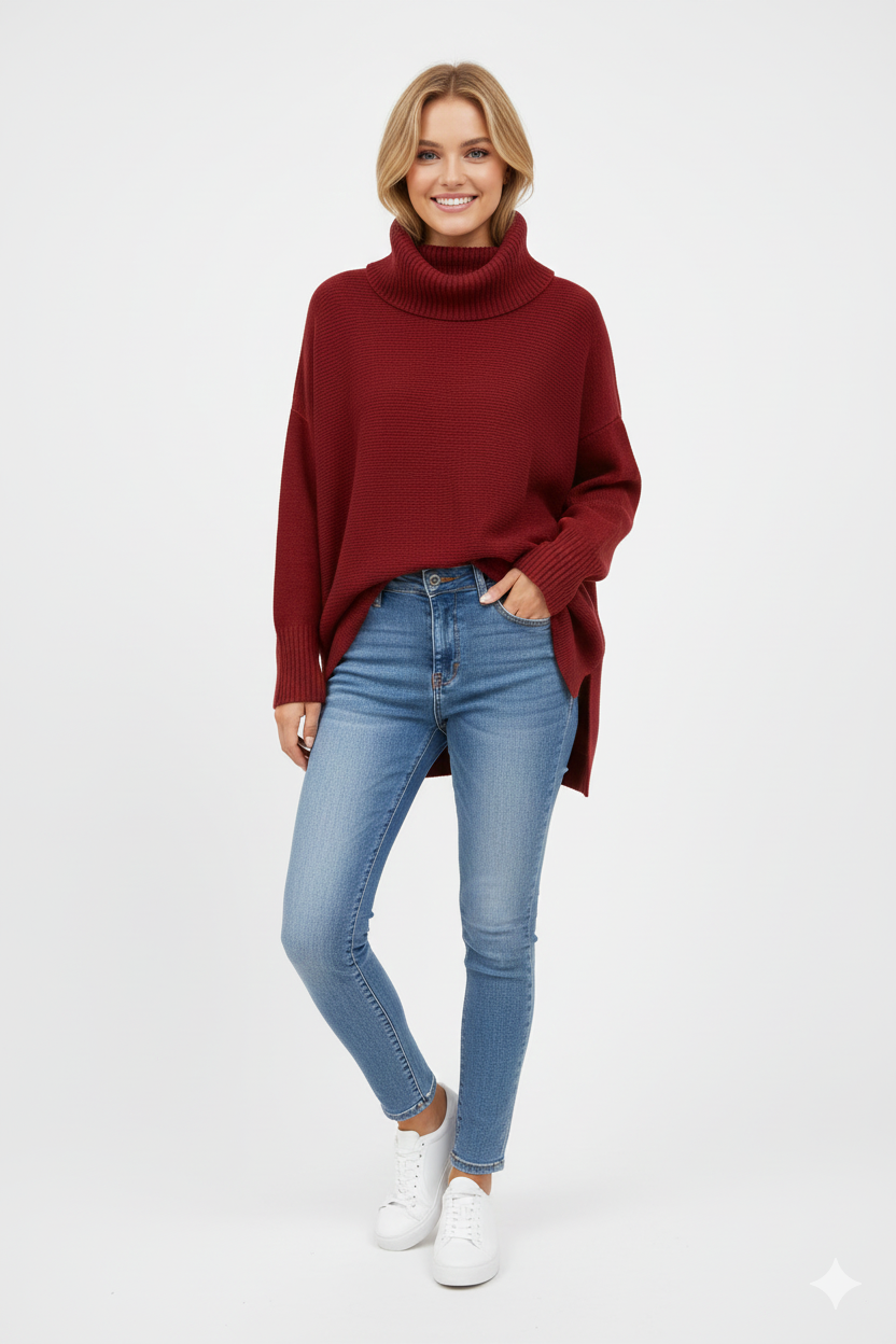 Gracie Pull Col Roulé Femme – Maille Ultra-Douce Oversize avec Col Haut & Style Élégant