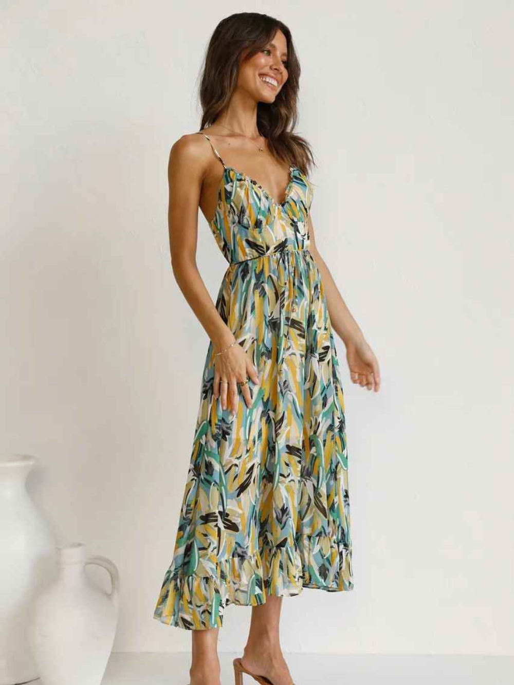 Abito lungo da donna Chloe: abito estivo leggero con stampa tropicale e spalline sottili lusinghiere