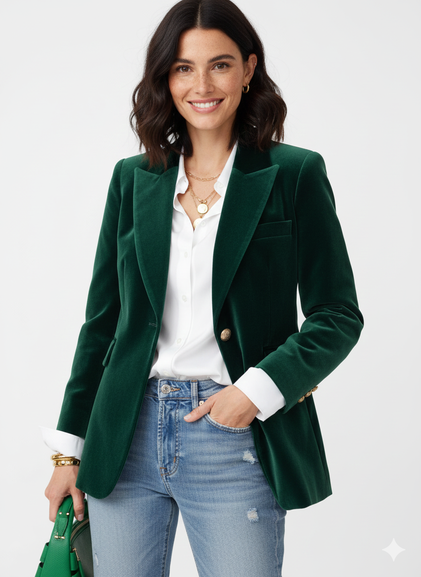 Haydee Blazer Velours Femme – Veste Chic Vert avec Boutons Dorés & Coupe Élégante