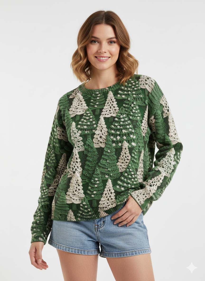 Holly Maglione di Natale Donna – Maglia Morbida con Scollo Rotondo, Motivi di Alberi di Natale e Maniche Lunghe