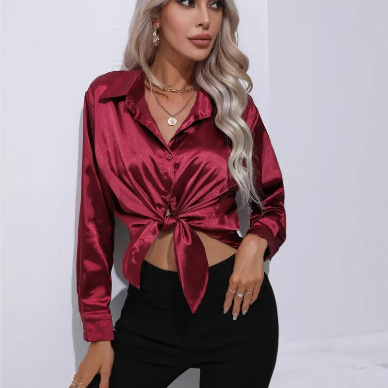 Camicetta in raso da donna Valérie - Elegante camicetta a maniche lunghe, vestibilità ampia e lucida