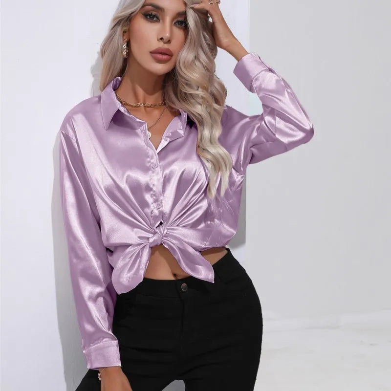 Camicetta in raso da donna Valérie - Elegante camicetta a maniche lunghe, vestibilità ampia e lucida