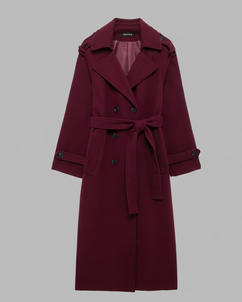Імані Зимове пальто жіноче бордове – з поясом, подвійна застібка та класична вишуканість