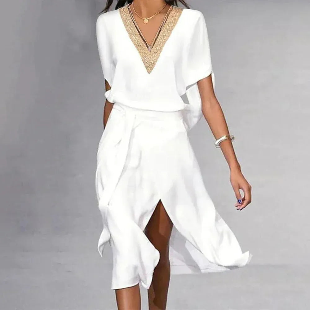 Beverly Robe Midi Femme – Robe Blanche à Col V & Coupe Droite pour Look Décontracté ou Formel