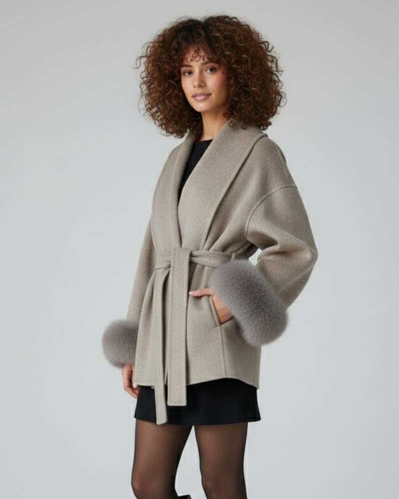 Galea Dea Studios Жіноче Пальто – Пальто з Вовни з Коміром Шаль, Поясом і Манжетами з Імітації Хутра