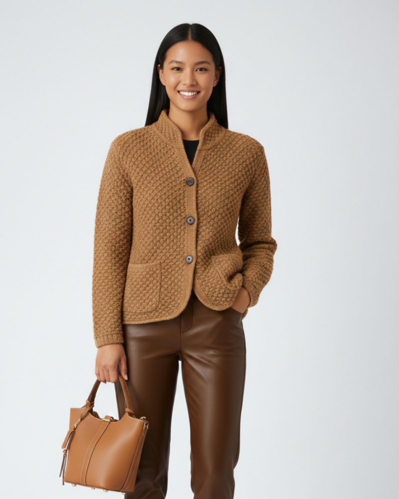 Naisten pitsiliivi – Tyylikäs neulepusero korkealla kauluksella, napit ja taskut