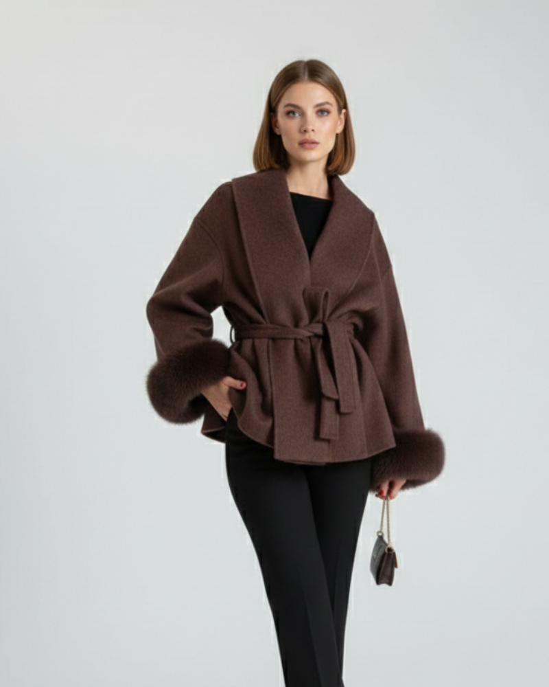 Galea Dea Studios Női Kabát – Gyapjú Kabát Sálgallérral, Övvel és Műszőrme Mandzsettákkal