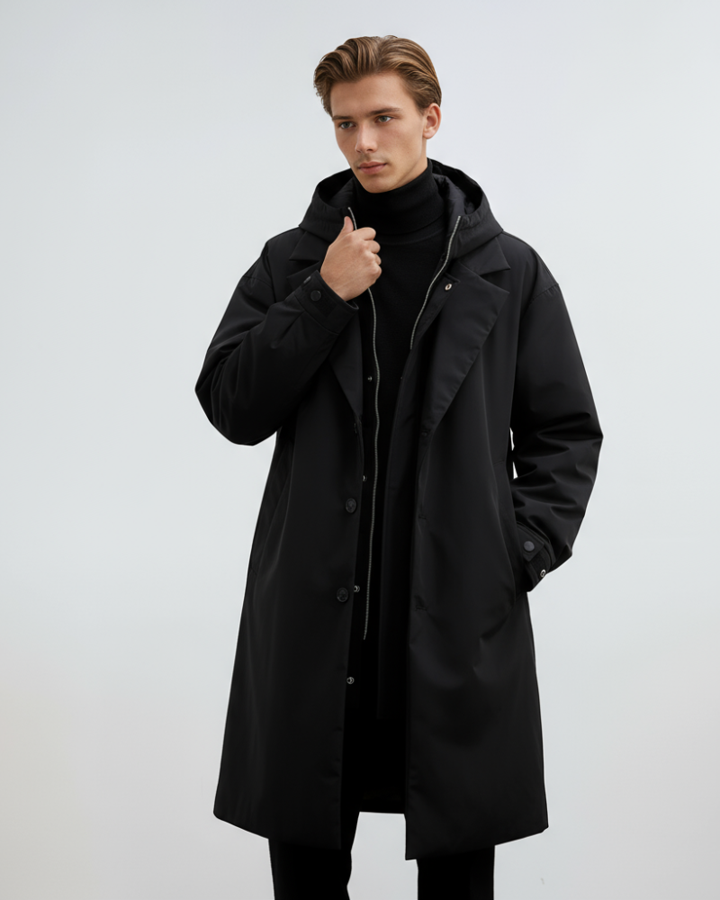 Kennington Trench-Coat Homme à Capuche – Manteau Long Élégant avec Fermeture Zip et Boutons
