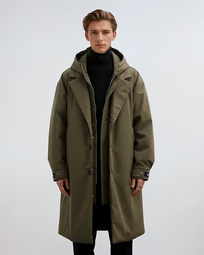 Kennington Trench-Coat Homme à Capuche – Manteau Long Élégant avec Fermeture Zip et Boutons