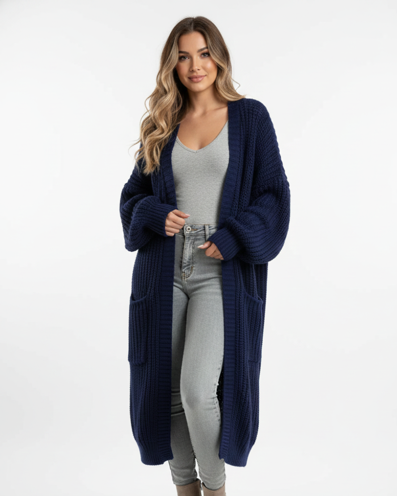 Erca Długi Sweter Damski z Dzianiny – Luźny Elegancki Kardigan na Wiosnę, Jesień i Zimę