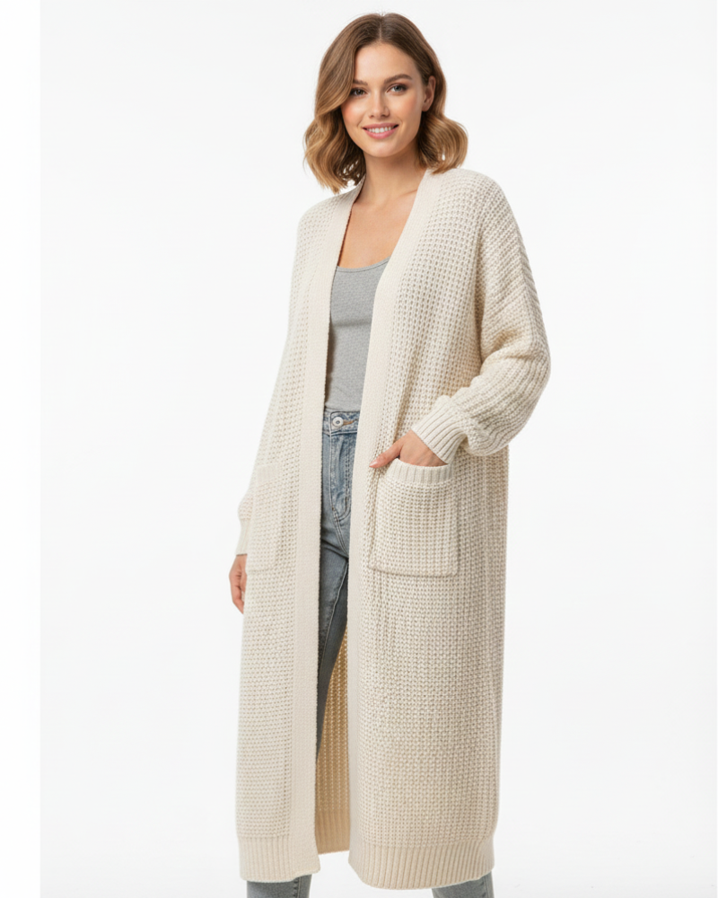 Erca Długi Sweter Damski z Dzianiny – Luźny Elegancki Kardigan na Wiosnę, Jesień i Zimę