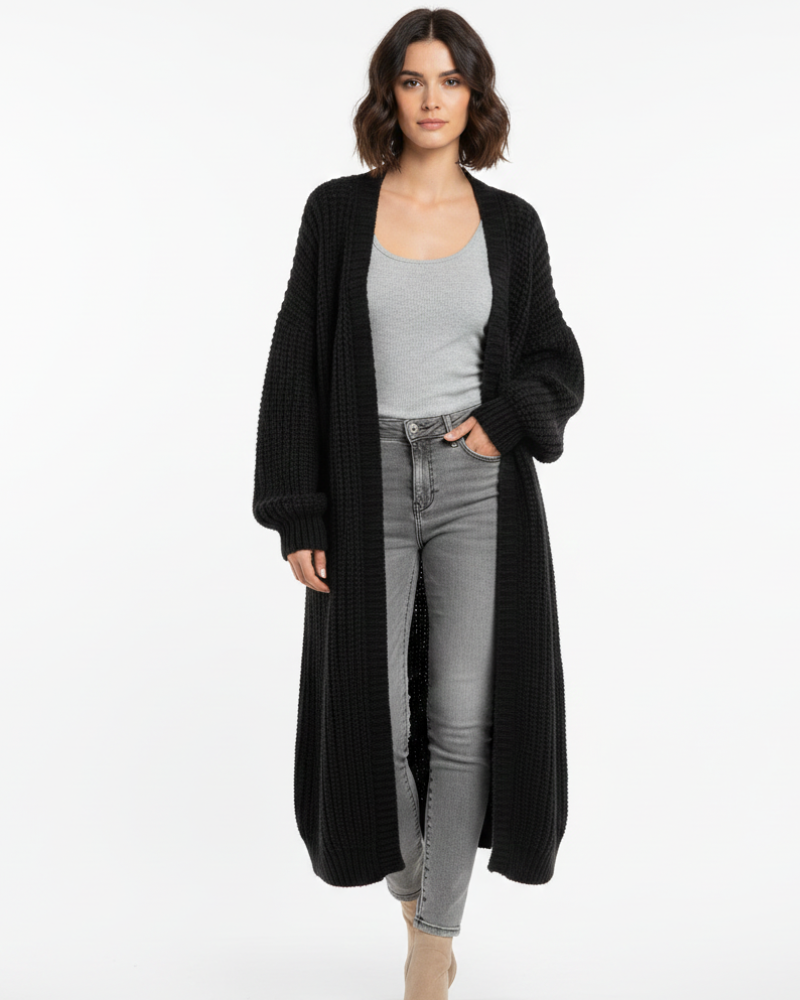 Erca Długi Sweter Damski z Dzianiny – Luźny Elegancki Kardigan na Wiosnę, Jesień i Zimę