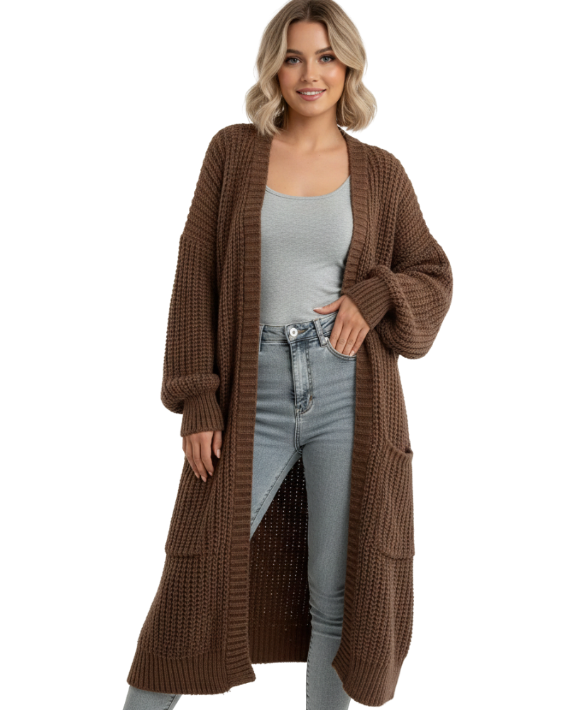 Erca Długi Sweter Damski z Dzianiny – Luźny Elegancki Kardigan na Wiosnę, Jesień i Zimę