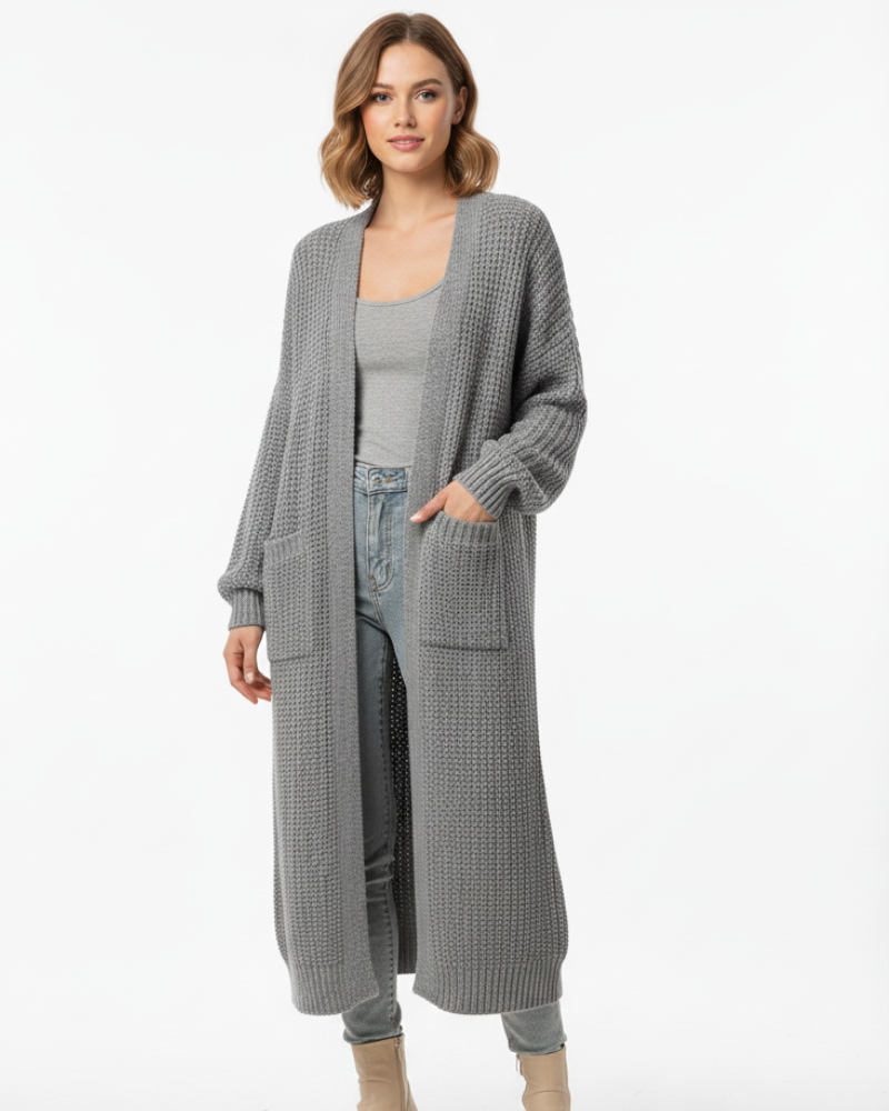 Erca Długi Sweter Damski z Dzianiny – Luźny Elegancki Kardigan na Wiosnę, Jesień i Zimę