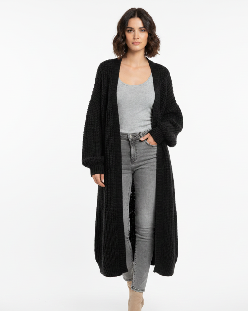 Erca Długi Sweter Damski z Dzianiny – Luźny Elegancki Kardigan na Wiosnę, Jesień i Zimę