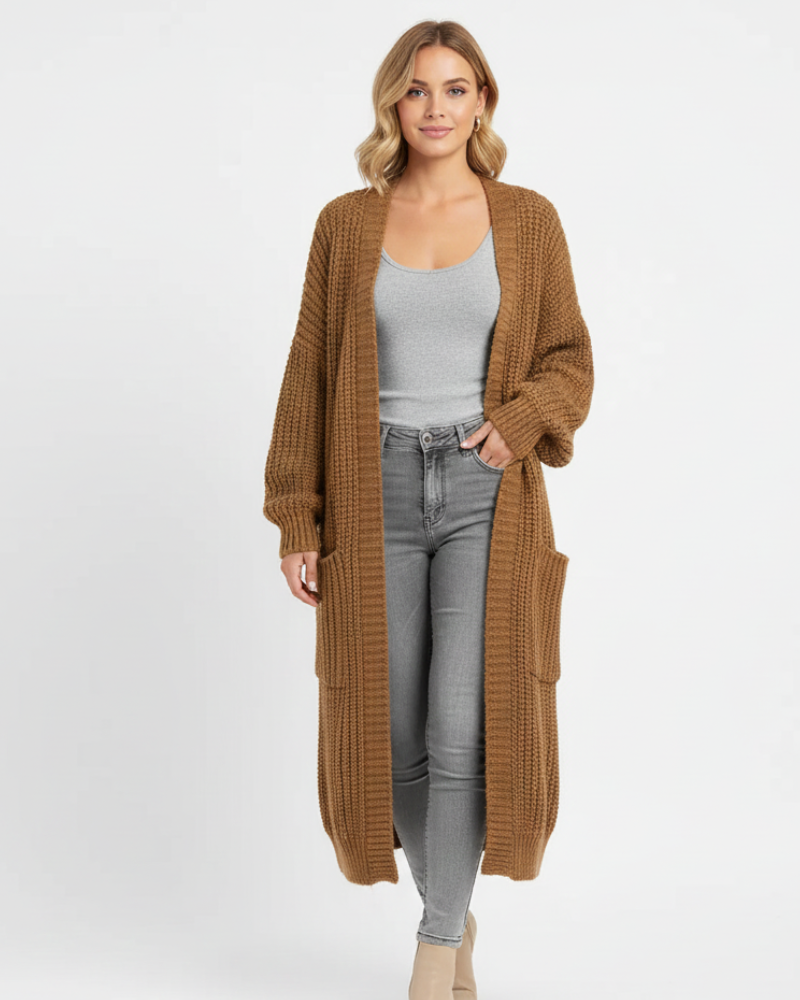 Erca Długi Sweter Damski z Dzianiny – Luźny Elegancki Kardigan na Wiosnę, Jesień i Zimę