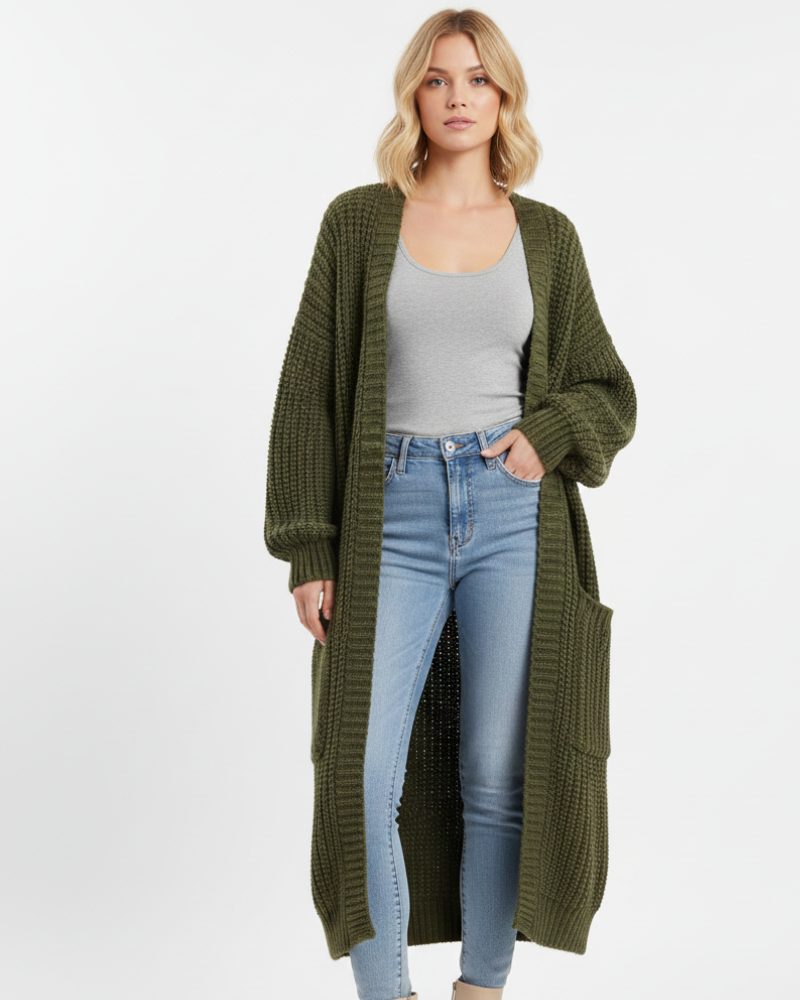 Erca Długi Sweter Damski z Dzianiny – Luźny Elegancki Kardigan na Wiosnę, Jesień i Zimę