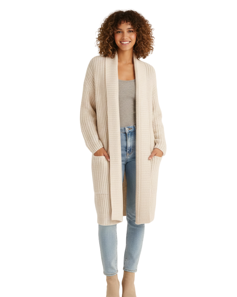 Erca Długi Sweter Damski z Dzianiny – Luźny Elegancki Kardigan na Wiosnę, Jesień i Zimę