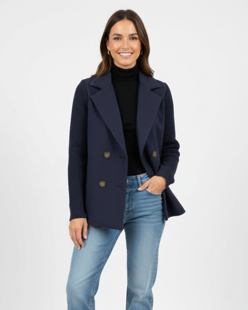 Charina női blézer kötött anyagból – dupla gombolású kabát hajtókával és hosszú ujjakkal