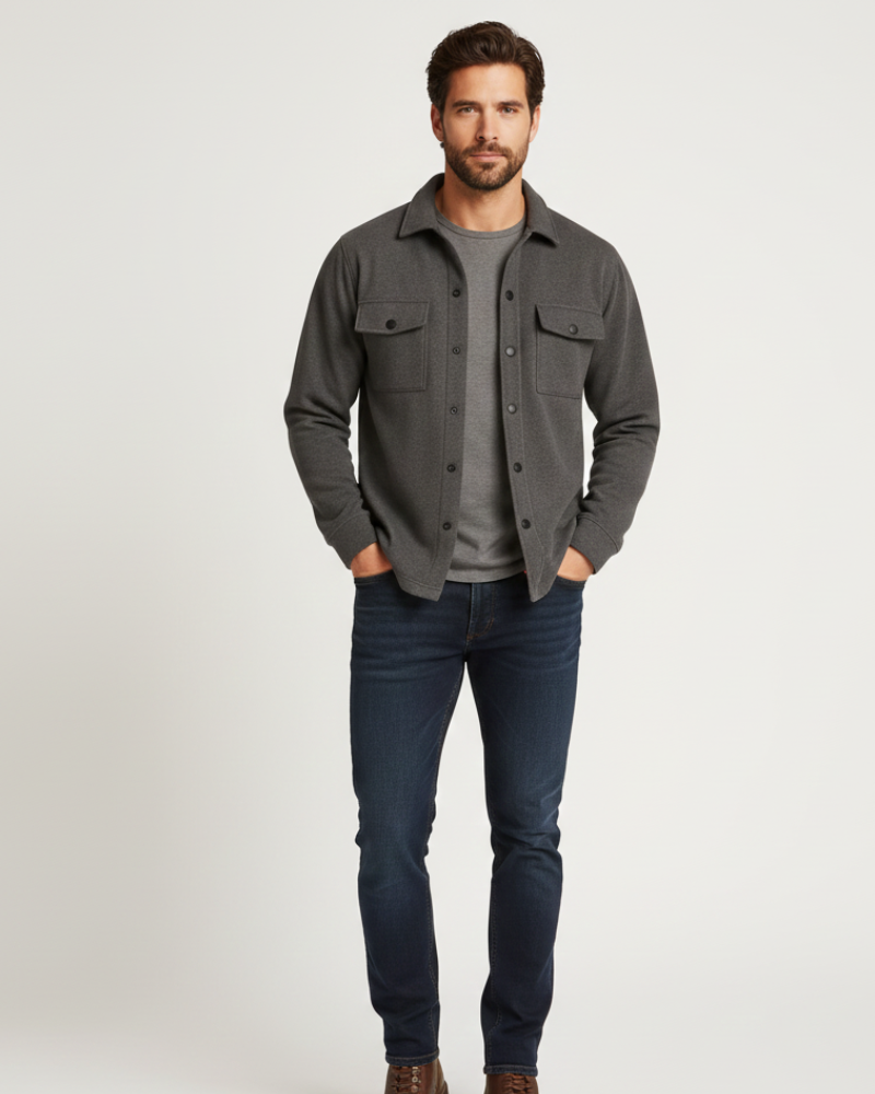 Sobrecamisa Noir Élan Homem – Casaco Camisa Casual Elegante em Algodão Misturado Corte Regular