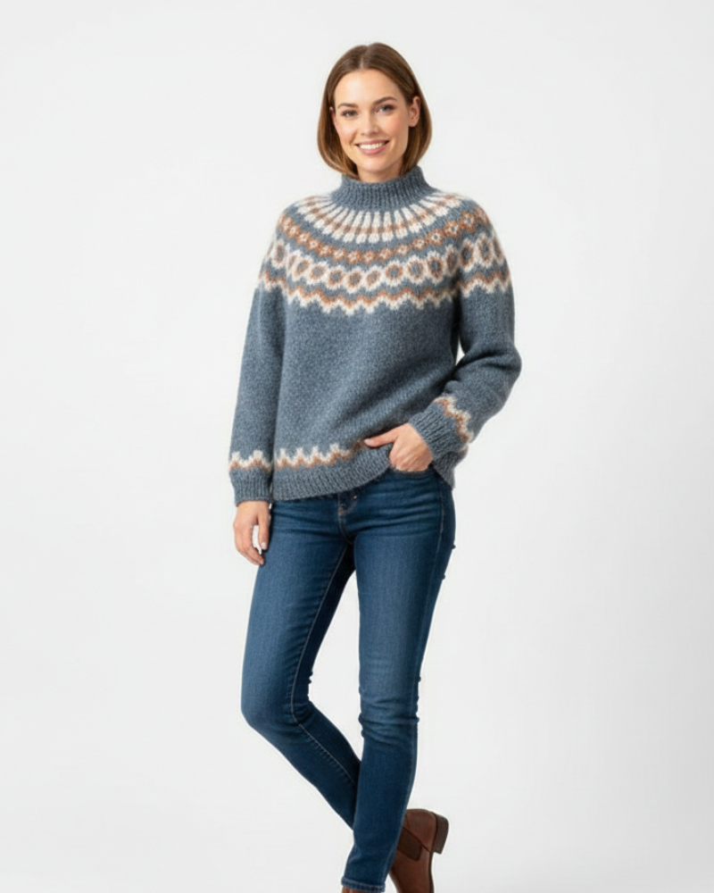 Yssa Damen Islandpullover – 100% Mohair Strick mit weitem Schnitt und nordischem Muster