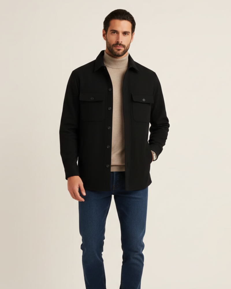 Sobrecamisa Noir Élan Homem – Casaco Camisa Casual Elegante em Algodão Misturado Corte Regular