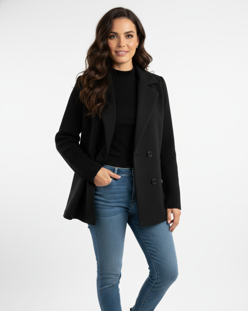 Charina női blézer kötött anyagból – dupla gombolású kabát hajtókával és hosszú ujjakkal