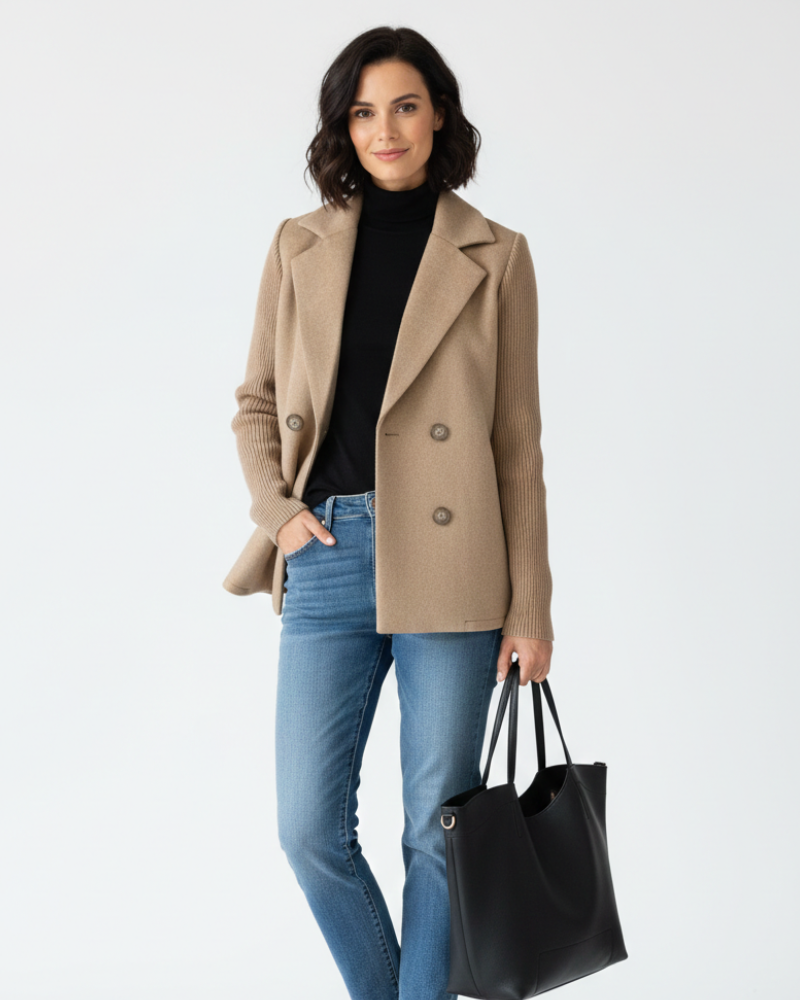 Charina női blézer kötött anyagból – dupla gombolású kabát hajtókával és hosszú ujjakkal