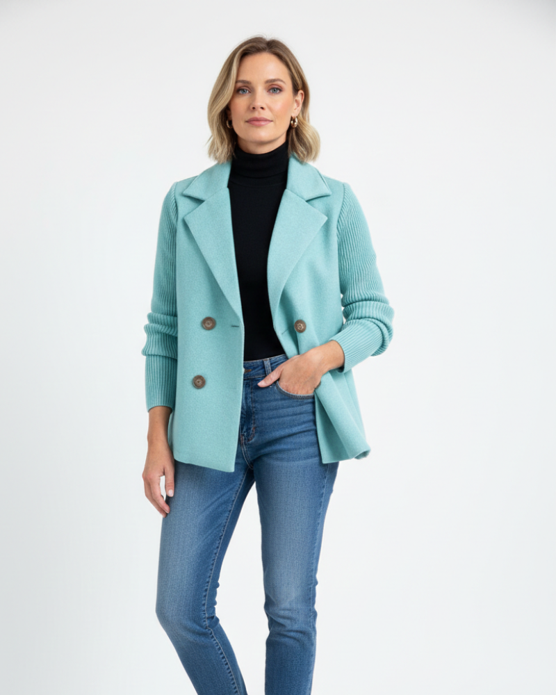 Charina női blézer kötött anyagból – dupla gombolású kabát hajtókával és hosszú ujjakkal