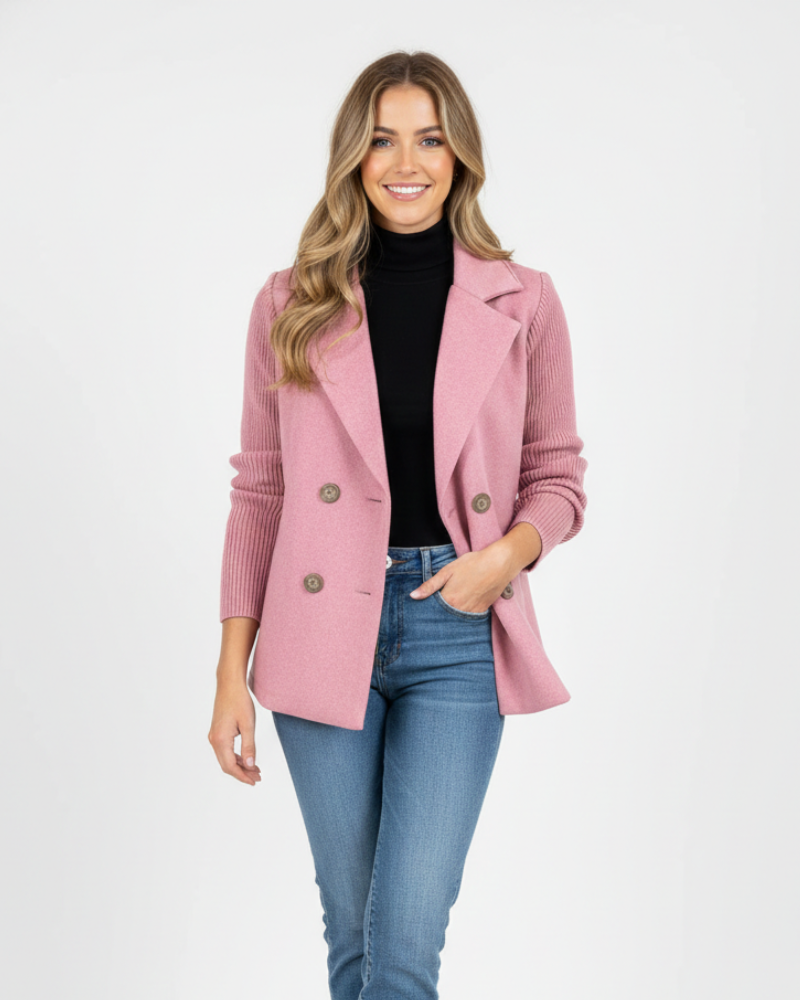 Charina női blézer kötött anyagból – dupla gombolású kabát hajtókával és hosszú ujjakkal