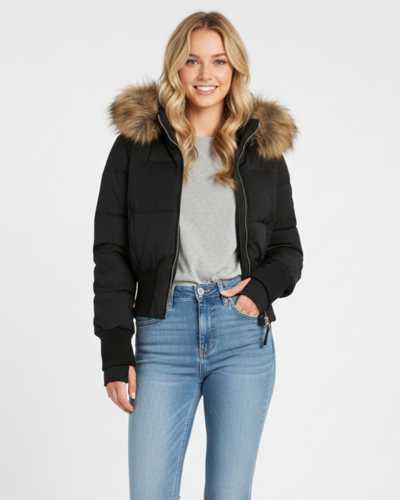 Gracie női steppelt kabát – rövid télikabát levehető kapucnival és műszőrmével