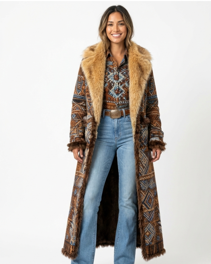 Isabella Abrigo Largo Mujer Boho – Abrigo Caliente con Estampado Étnico y Cuello de Piel Sintética