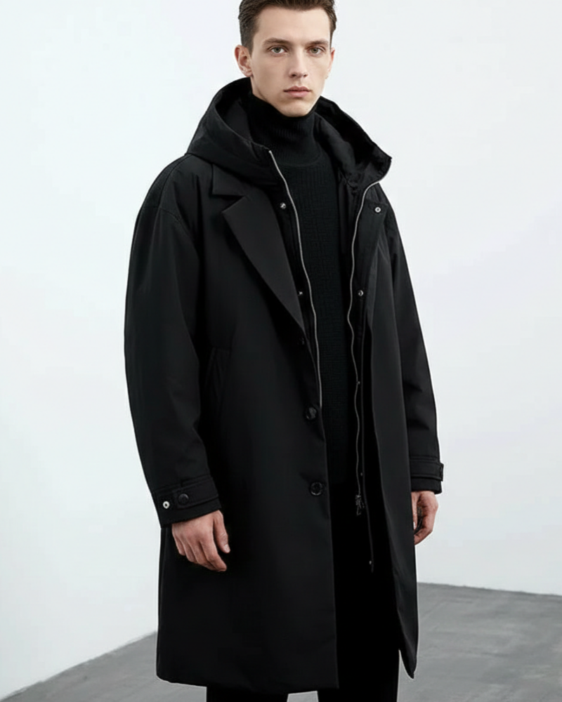 Damian Trench pitkä miesten sadetakki – toppavuori, huppu ja talvilämpö