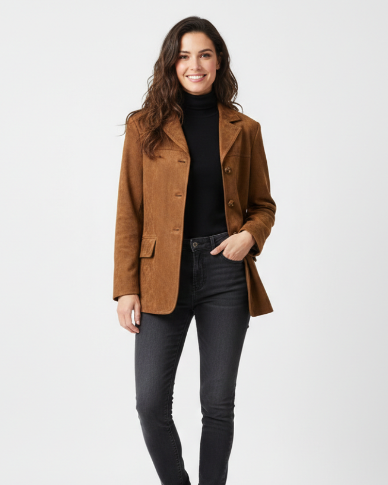 Dámsky sako Calliope z umelého semišu – klasické klopy, rovný strih a elegantný štýl