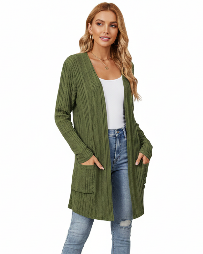 Isabelle-neuletakki pitkä naisille – avoin resorineuletakki taskuilla ja väljä leikkaus