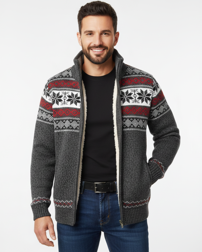 Moris Pánska Fleecová Vesta – Zimná Jacquardová Bunda s Vysokým Golierom a Skandinávskymi Vzorami