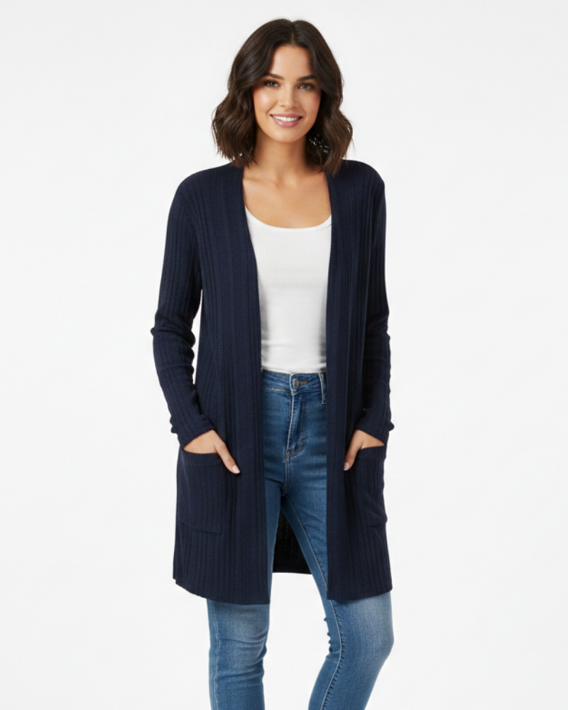 Isabelle-neuletakki pitkä naisille – avoin resorineuletakki taskuilla ja väljä leikkaus